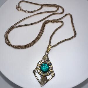 Vintage 12kt gold filled green rhinestones pendant on Lang 21” chain necklace